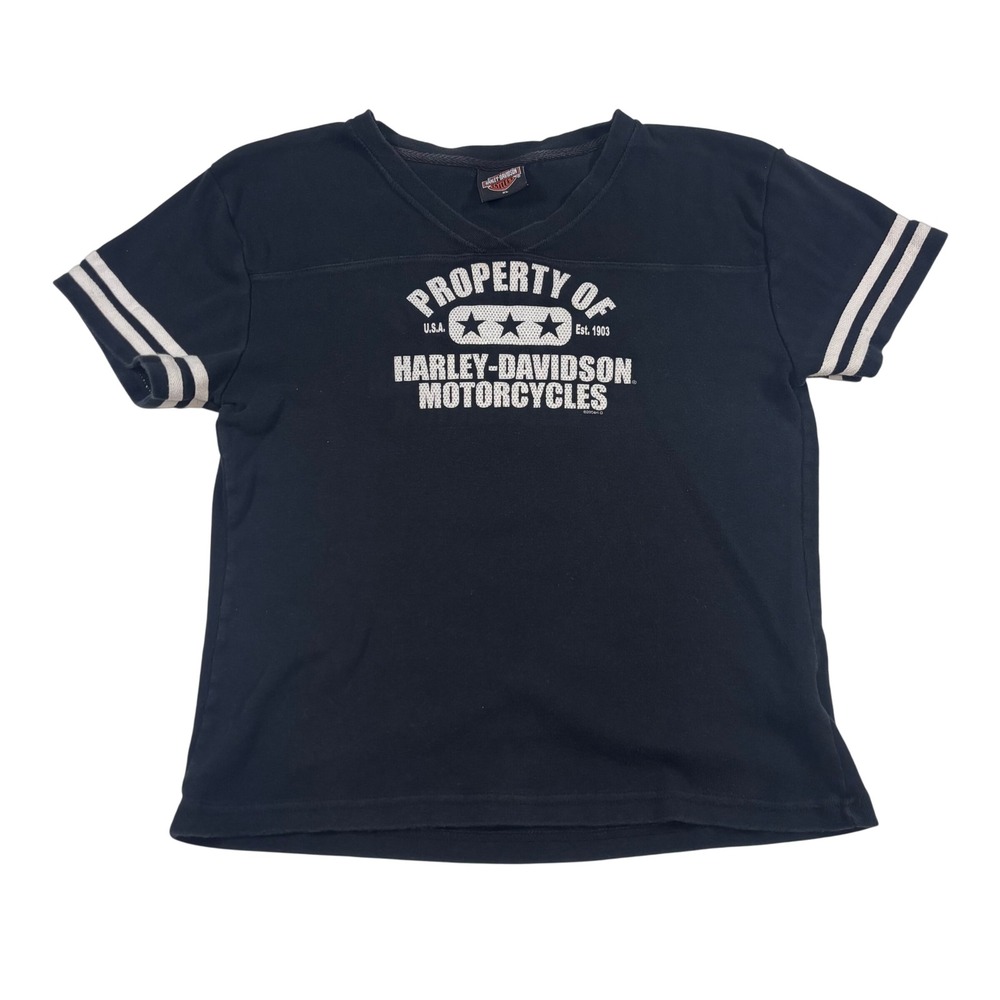 Vintage 04' Harley Davidson Black T Shirt Womens XL Striped Sleeve